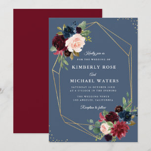 Invitation mariage géométrique en or bleu Bourgogne et Dusty
