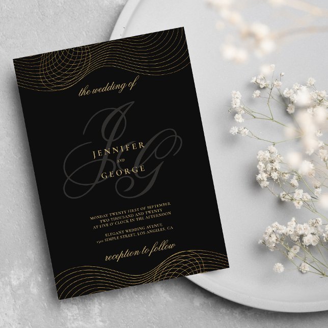 Invitation Mariage géométrique en or noir monogramme initiale (Geometric black gold monogram initials wedding)