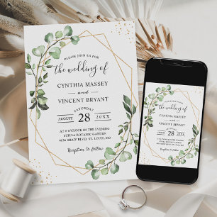Invitation Mariage géométrique Eucalyptus Foliage Or dans