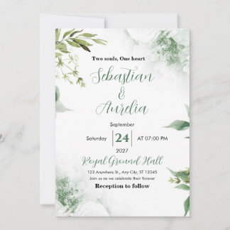 Invitation Mariage Géométrique Feuilles de Eucalyptus Vert Vé
