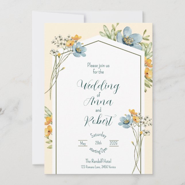Invitation Mariage géométrique Fleur sauvage bleu et jaune (Devant)