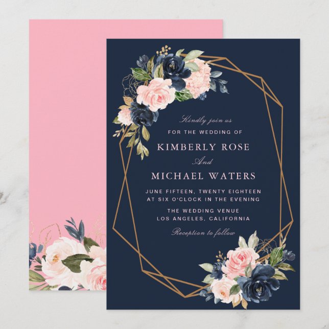 Invitation Mariage géométrique fleuri rose marine (Devant / Derrière)