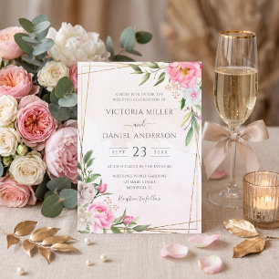 Invitation Mariage géométrique floral aquarelle rose or