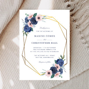 Invitation Mariage géométrique floral bleu marine et blush