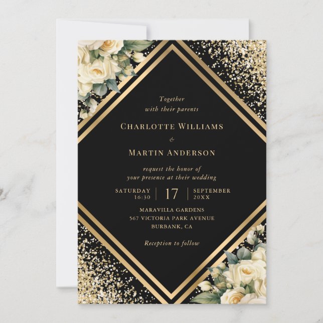 Invitation Mariage Géométrique Floral Crème Noir Or (Devant)
