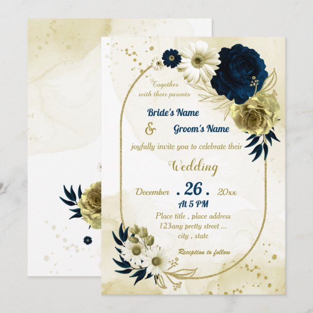Invitation Mariage géométrique floral d'or bleu marine (Devant / Derrière)