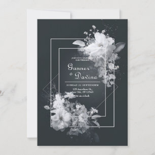 Invitation Mariage Géométrique Floral Noir Blanc Monochrome