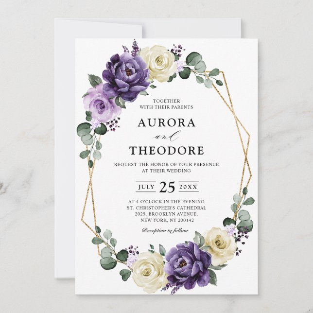 Invitation Mariage géométrique Floral Plum violet or ivoire (Devant)