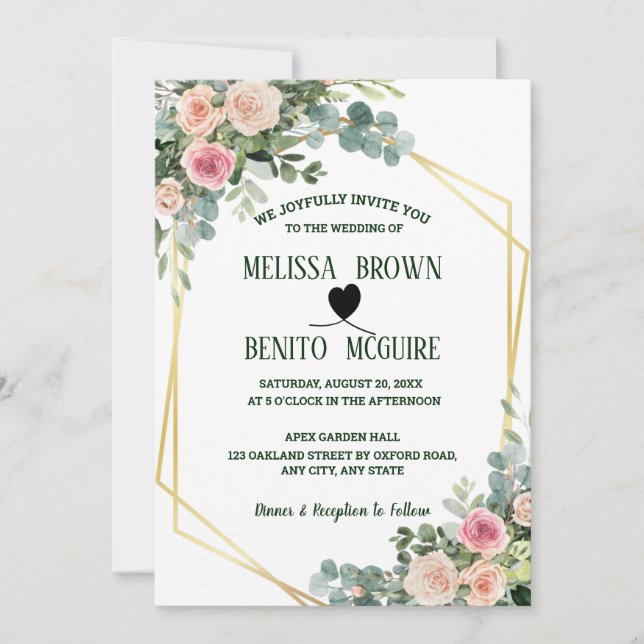 Invitation Mariage géométrique floral rose pâle (Devant)