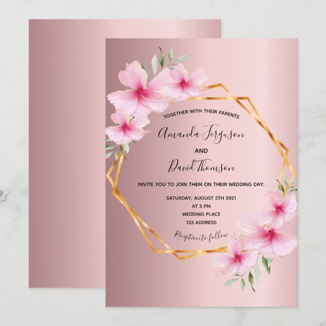 Invitation Mariage géométrique floral rose vif (Devant / Derrière)
