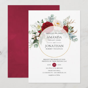 Invitation Mariage géométrique floral rouge et blanc de Bourg