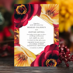Invitation Mariage Géométrique Floral Rouge et Jaune Gras