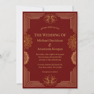 Invitation mariage géométrique indien d'or rouge moderne