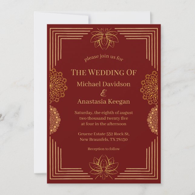 Invitation mariage géométrique indien rouge moderne or  (Devant)