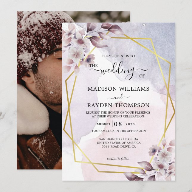 Invitation Mariage géométrique Lavender Floral Aquarelle Or (Devant / Derrière)