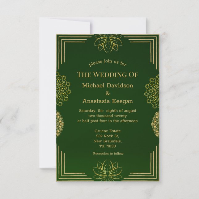Invitation mariage géométrique luxe or vert moderne  (Devant)