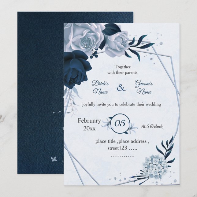 Invitation mariage géométrique marine et bleu poussiéreux (Devant / Derrière)