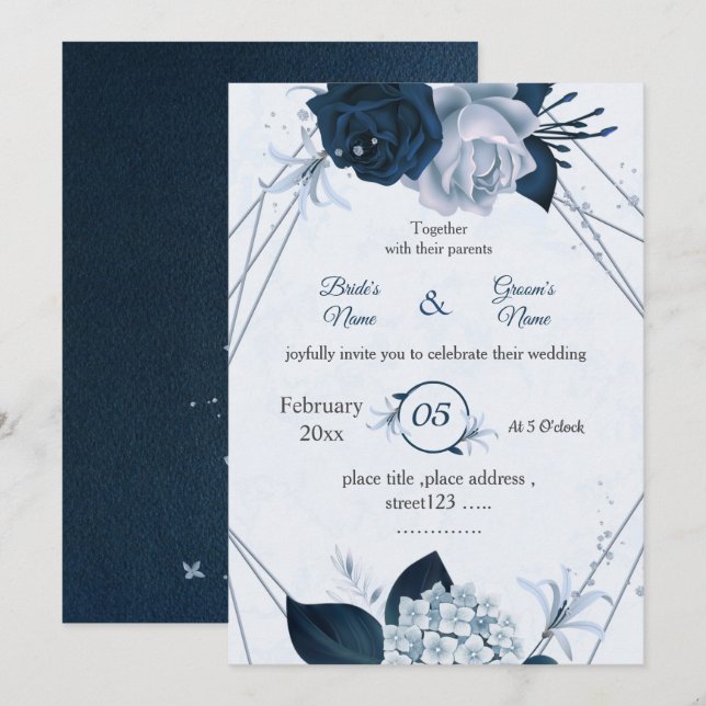 Invitation mariage géométrique marine et bleu poussiéreux (Devant / Derrière)