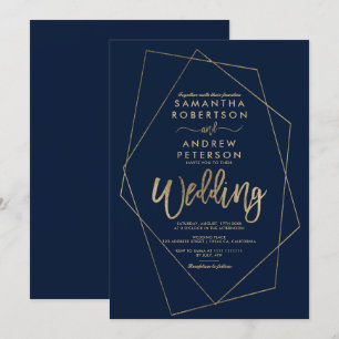 Invitation Mariage géométrique minimaliste bleu marine or