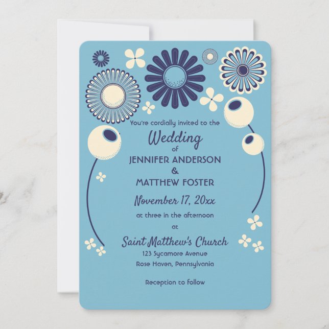 Invitation Mariage géométrique moderne bleu et crème (Devant)