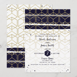 Invitation Mariage géométrique moderne bleu marine et or Hexa