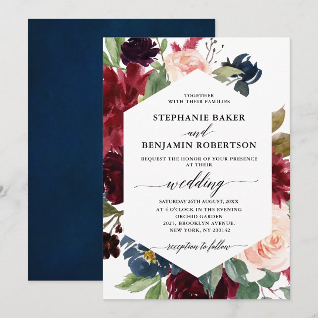 Invitation Mariage géométrique moderne Floral de la Marine Ro (Devant / Derrière)