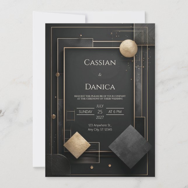 Invitation Mariage géométrique moderne noir et or (Devant)
