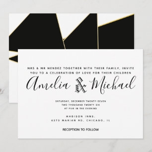 Invitation Mariage Géométrique Moderne Or Noir Blanc
