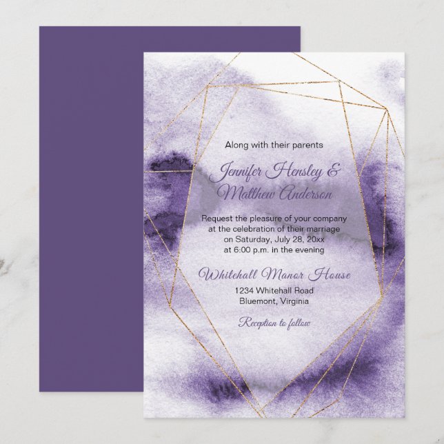 Invitation Mariage géométrique moderne Ultra violet violet or (Devant / Derrière)
