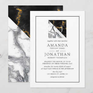 Invitation Mariage géométrique monogramme chic marbre et feui