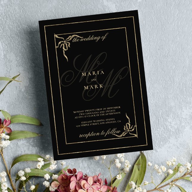 Invitation Mariage géométrique noir arc en or monogramme init (Geometric black gold bow monogram initials wedding )