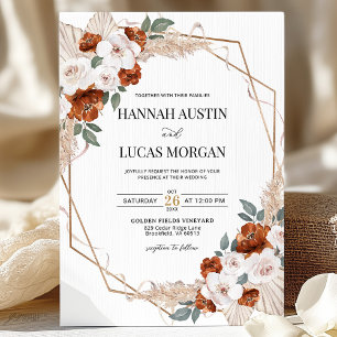 Invitation Mariage géométrique Orange Boho Floral or rouille