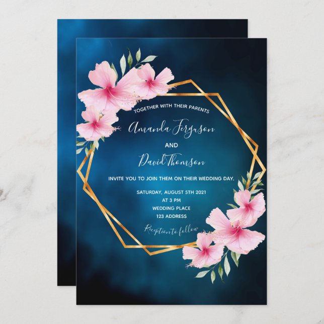 Invitation Mariage géométrique rose bleu foncé (Devant / Derrière)