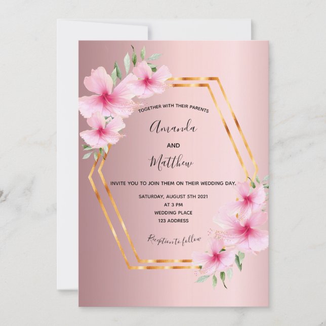 Invitation Mariage géométrique rose florale or (Devant)