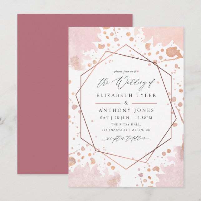 Invitation Mariage géométrique rose Gold et Blush (Devant / Derrière)