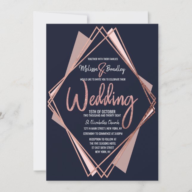 Invitation Mariage géométrique rose Gold Marine Blue Mauve (Devant)