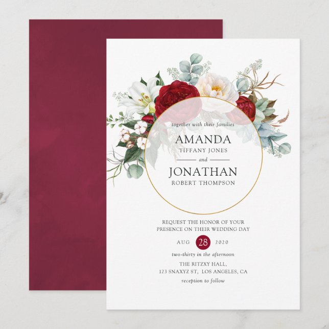 Invitation Mariage géométrique rouge et blanc de Bourgogne (Devant / Derrière)