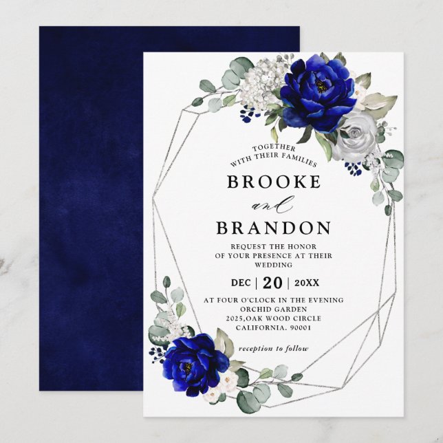 Invitation Mariage géométrique Royal Blue Silver White Ivory (Devant / Derrière)