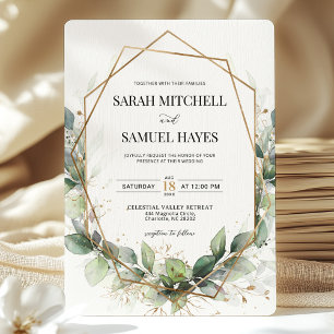 Invitation Mariage géométrique Sage Green Eucalyptus Gold