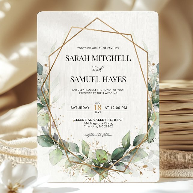 Invitation Mariage géométrique Sage Green Eucalyptus Gold (Créateur téléchargé)
