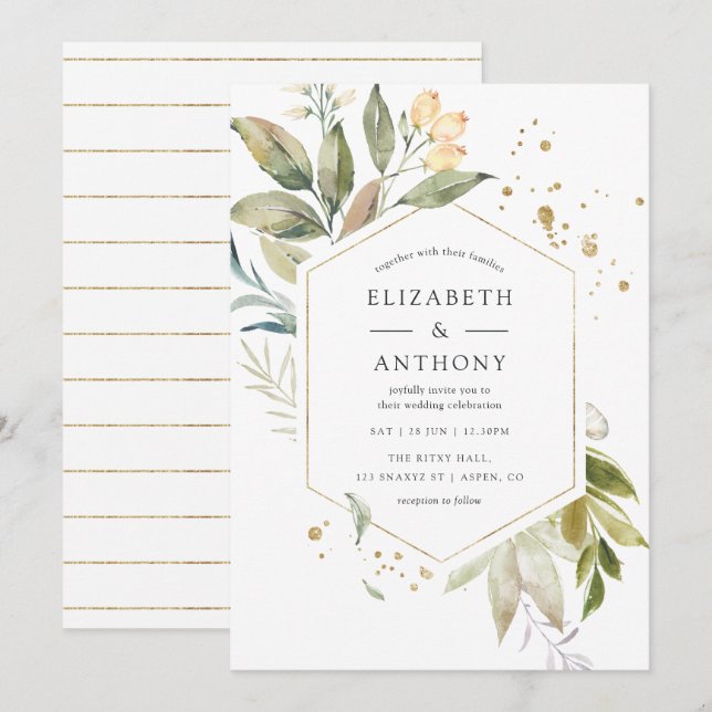 Invitation Mariage géométrique Sérénité Aquarelle Verdure (Devant / Derrière)