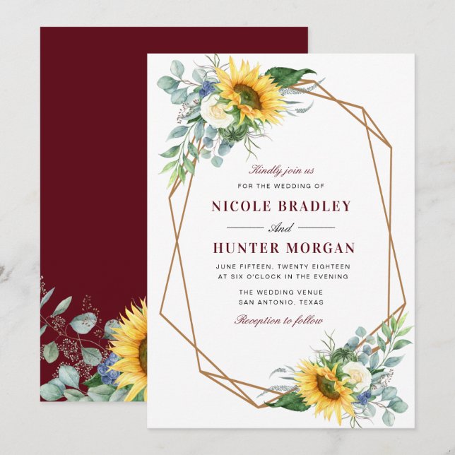 Invitation mariage géométrique tournesol burgundy floral (Devant / Derrière)