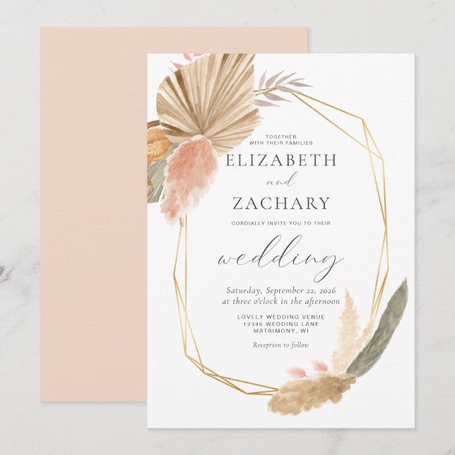 Invitation Mariage géométrique Tropical séché Palm Gold (Devant / Derrière)