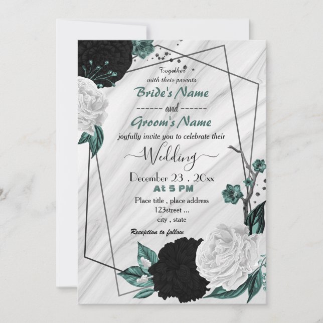 Invitation mariage géométrique turquoise bleu blanc et noir (Devant)