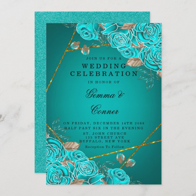 Invitation Mariage géométrique Turquoise Rose Gold (Devant / Derrière)