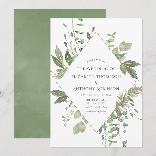 Invitation Mariage géométrique verdoyant (Devant / Derrière)