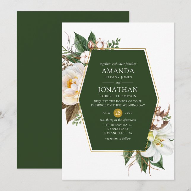 Invitation Mariage géométrique vert foncé et or (Devant / Derrière)