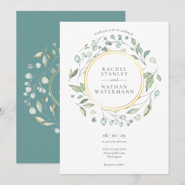 Invitation Mariage géométrique vert Laurel Garland Gold (Devant / Derrière)