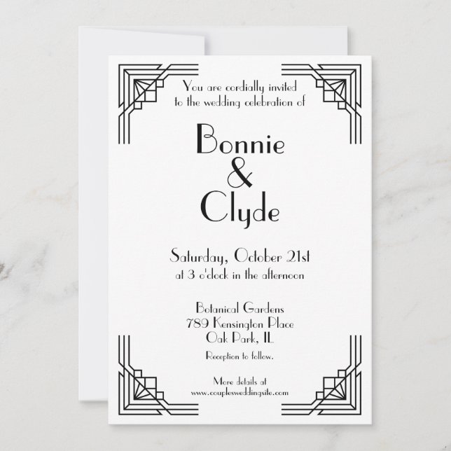 Invitation Mariage géométrique vintage Art Déco noir et blanc (Devant)