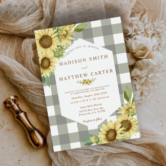 Invitation Mariage Gingham au Tournesol Rustique à carreaux d